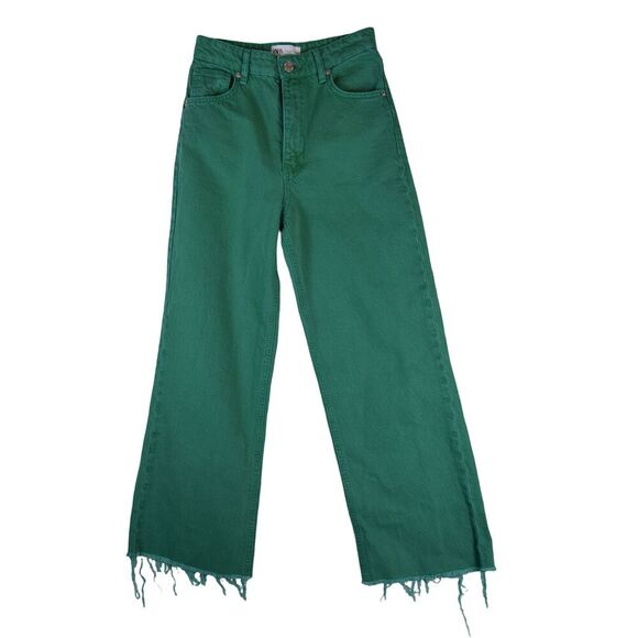 Zara Green Frayed Hem Wide Leg Jeans EUR 34 US 2 Kelly Green - Picture 1 of 8